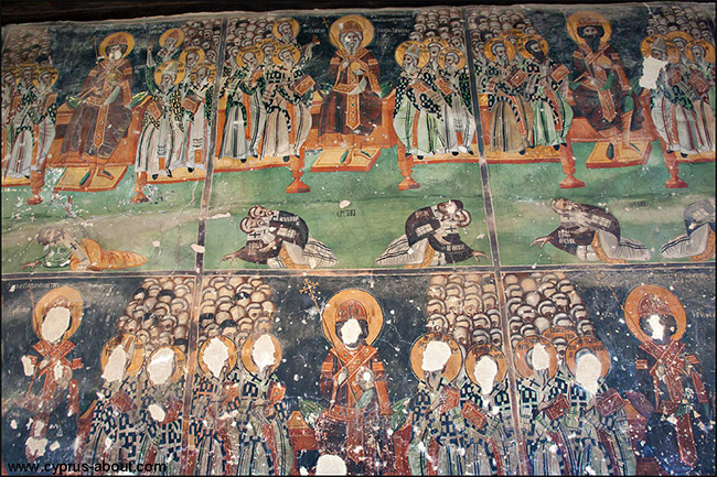 Роспись наружной стены храма Agios Sozomenos в галате. Фрески "торжество православия" и "Семь вселенских соборов"